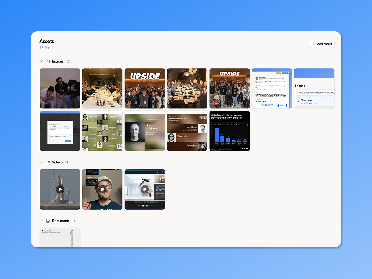 Shared assets gallery with team images, videos, and PDFs
