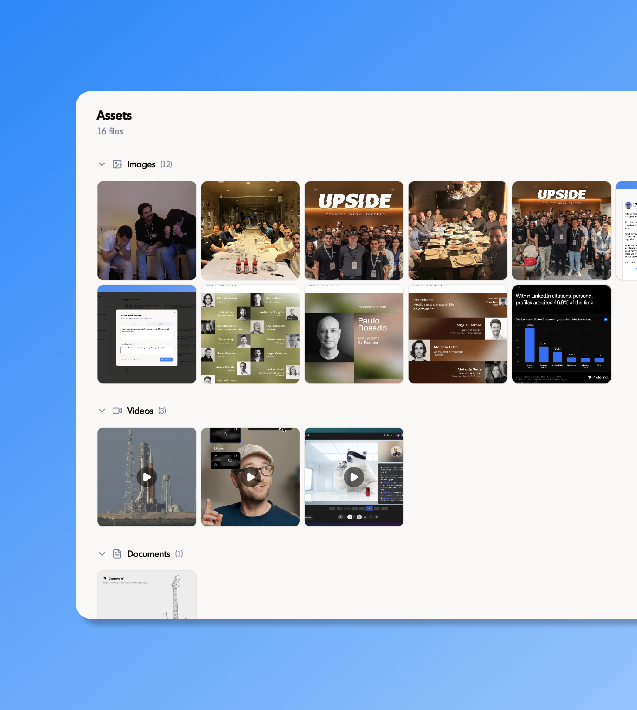 Assets gallery in inkiro.ai showing uploaded media files