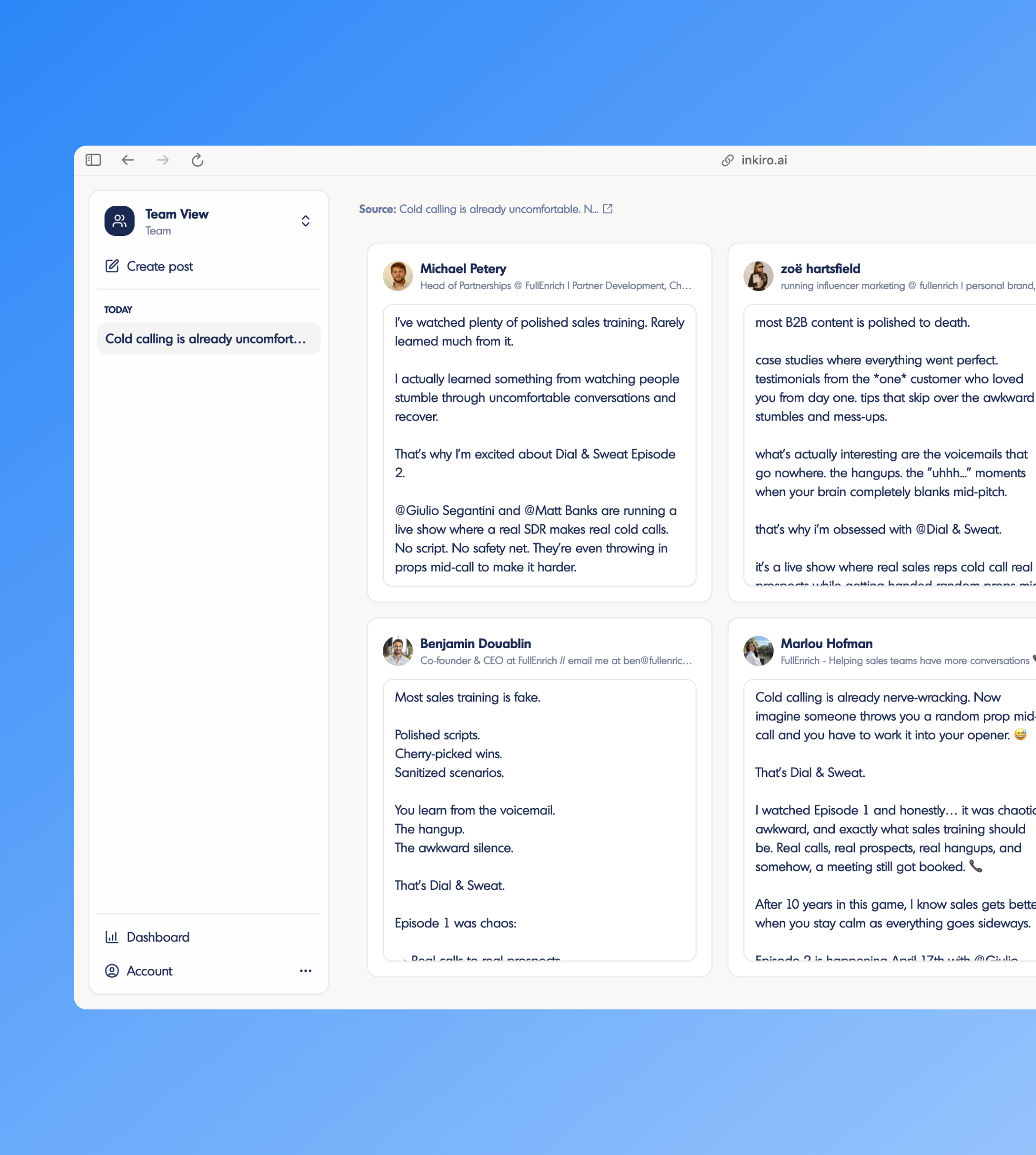 Team View multi-voice compose in inkiro.ai