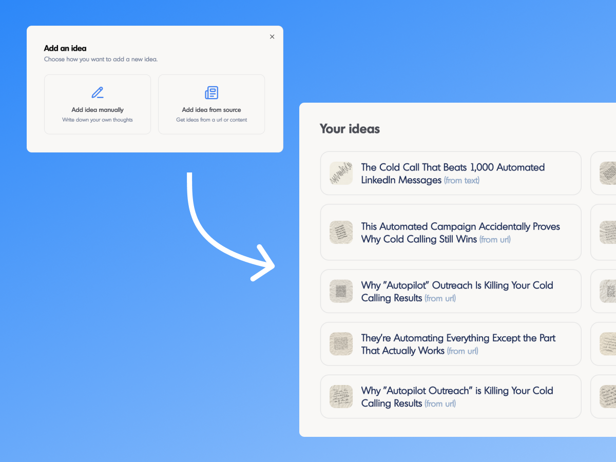 Ideas page generating post ideas from a URL or pasted content