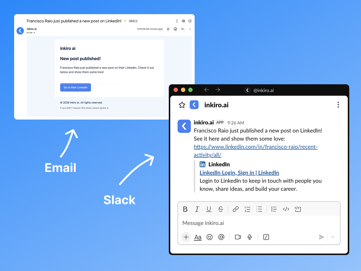 Email and Slack notifications when a teammate publishes a LinkedIn post