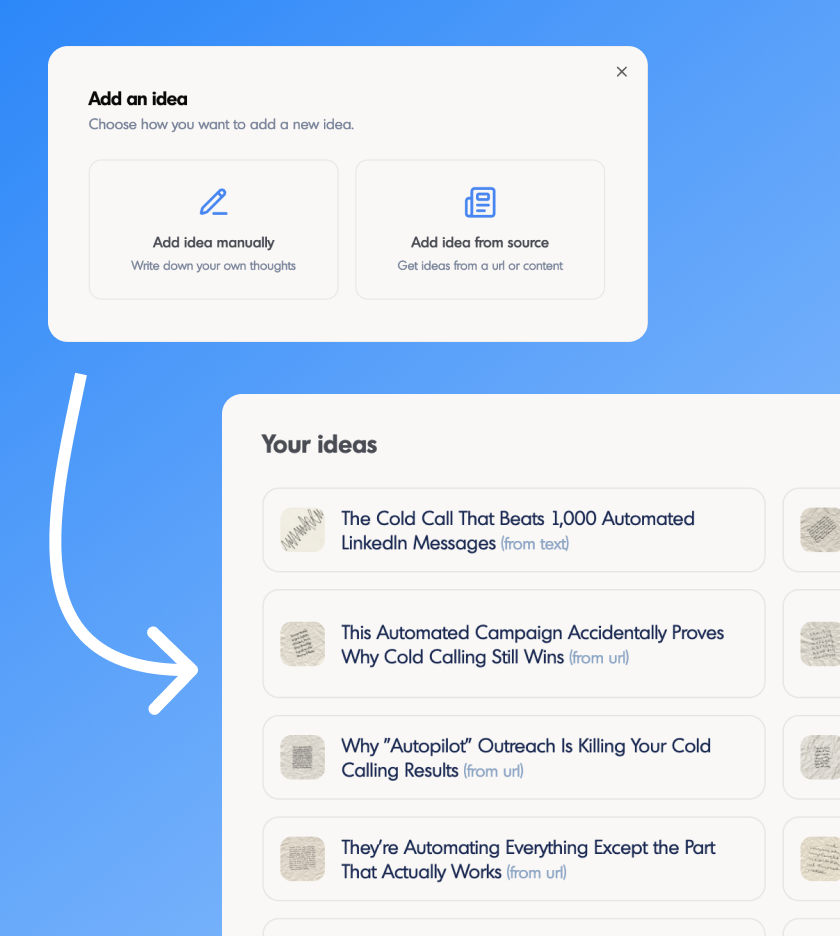 New ideas page with source-based idea generation in inkiro.ai