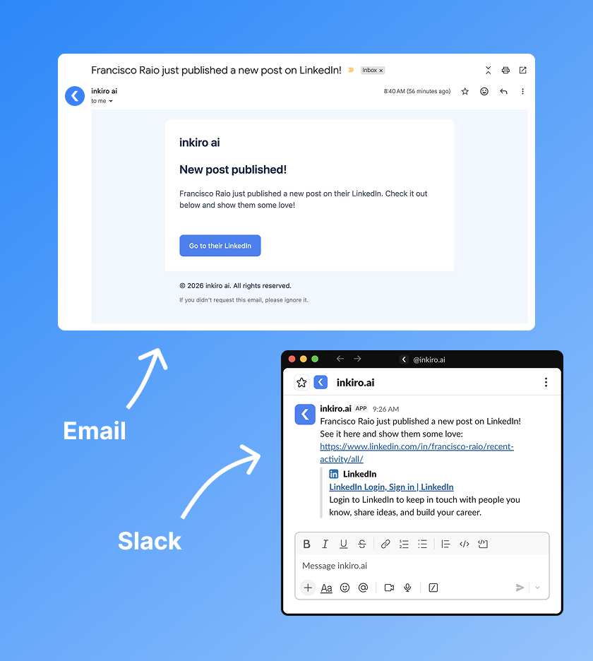 Post notifications via email and Slack in inkiro.ai