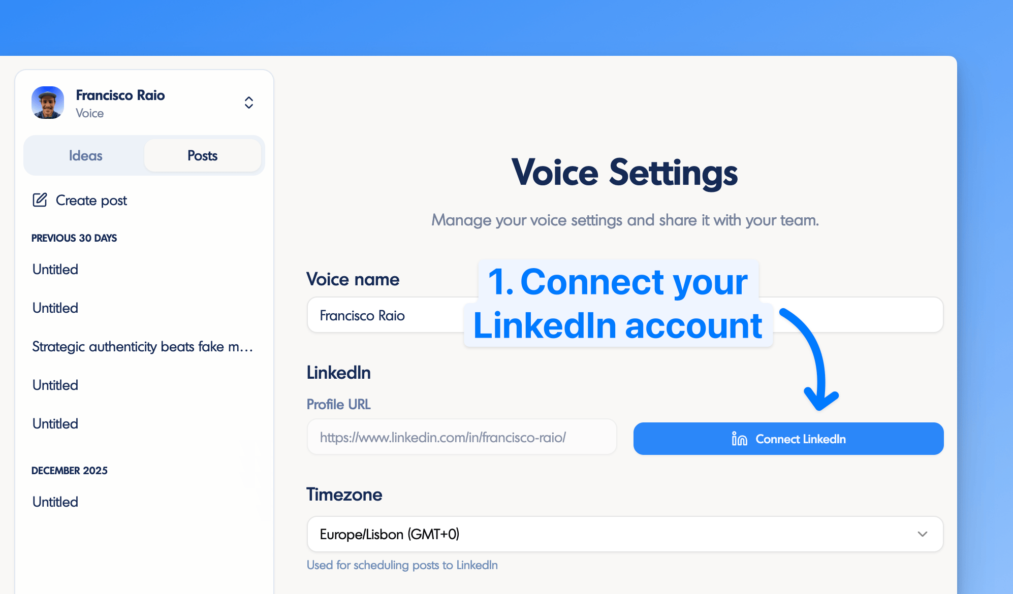 Connect LinkedIn account to your voice on inkiro.ai