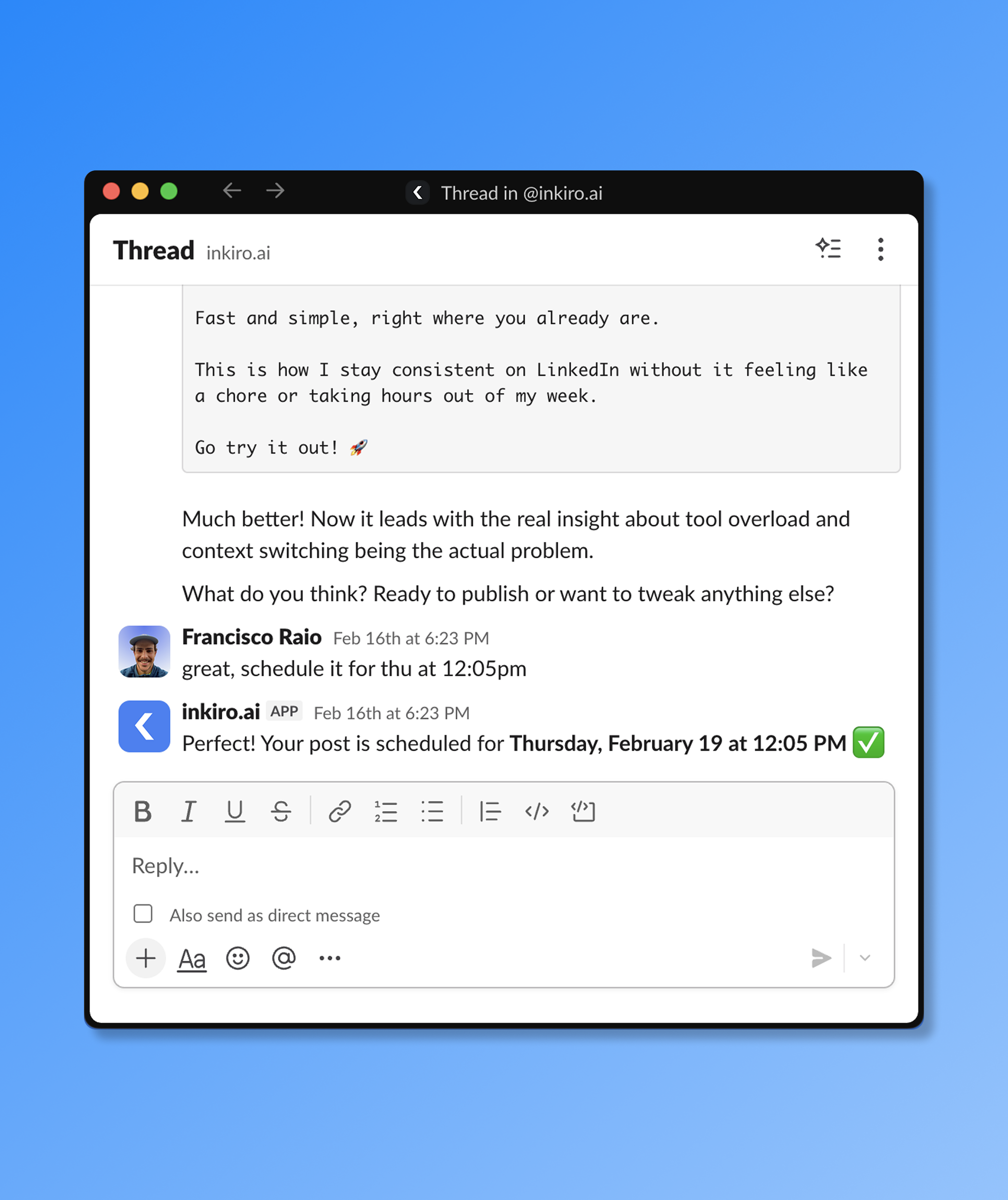 inkiro.ai Slack agent showing a conversation about LinkedIn content