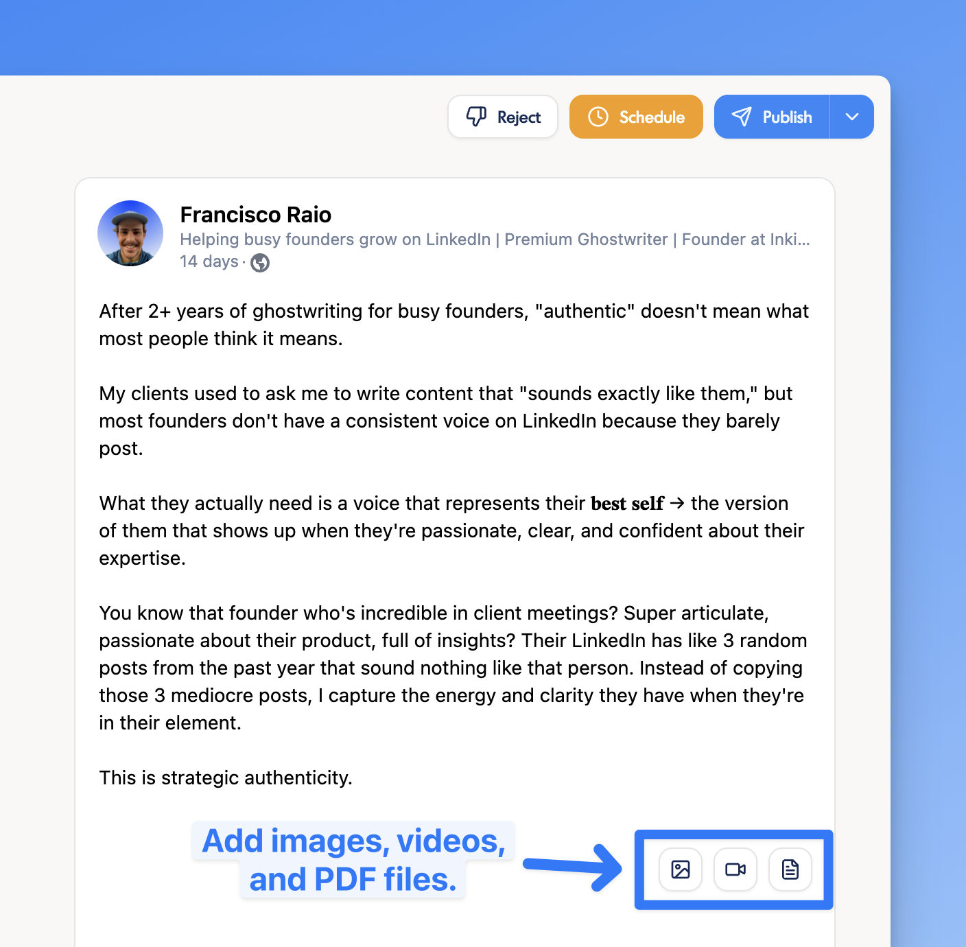 Video and PDF document upload in the inkiro.ai post editor