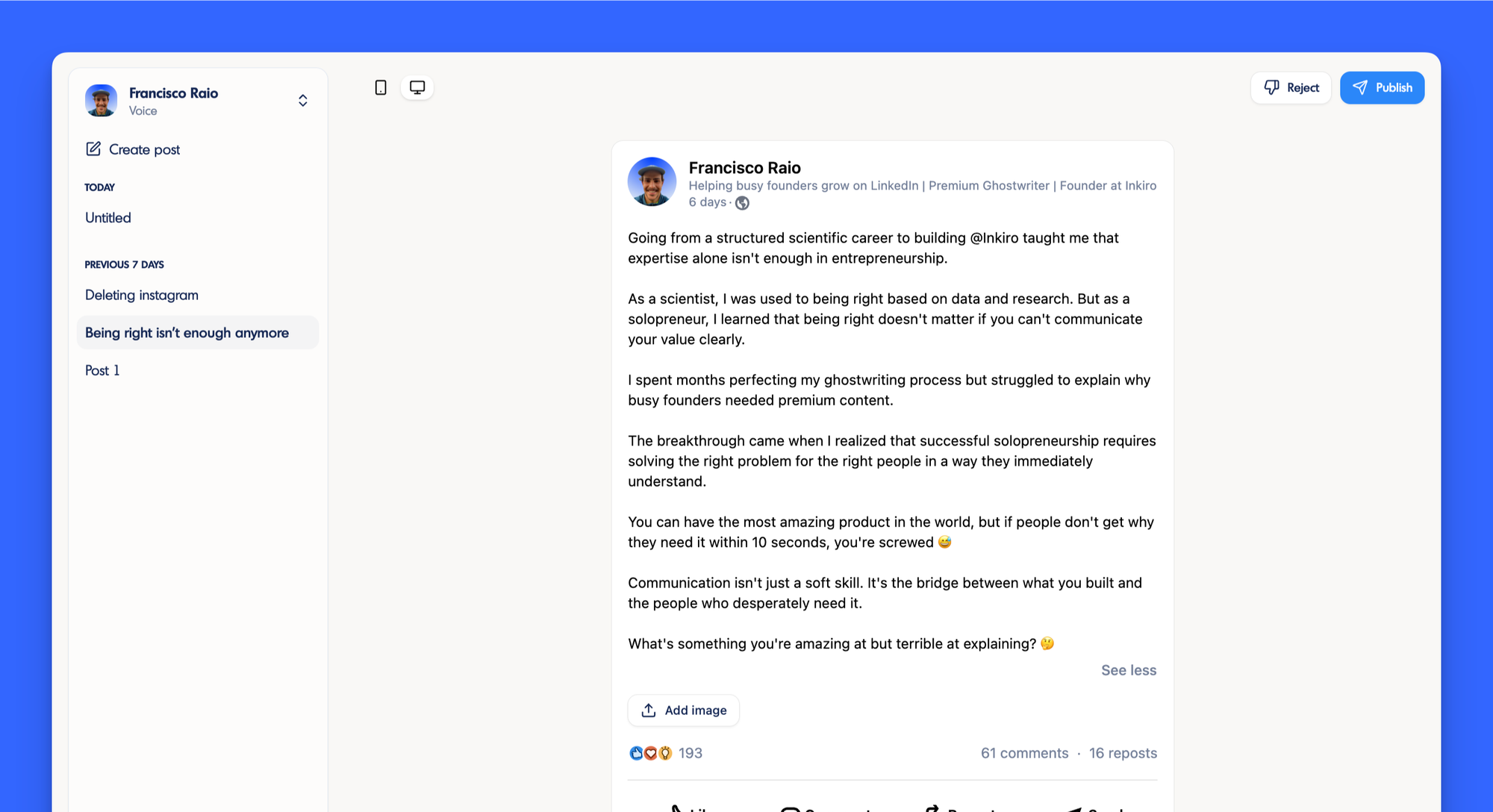 I built a LinkedIn content tool to help you post more 🔥 | inkiro ai